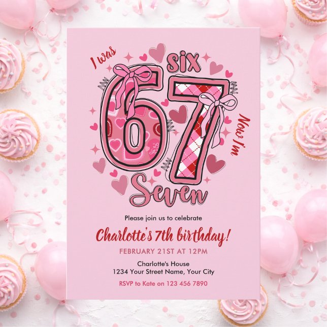 Invitación 6 7 Six Seven Meme Trend Pink Girl 7th Birthday (Subido por el creador)