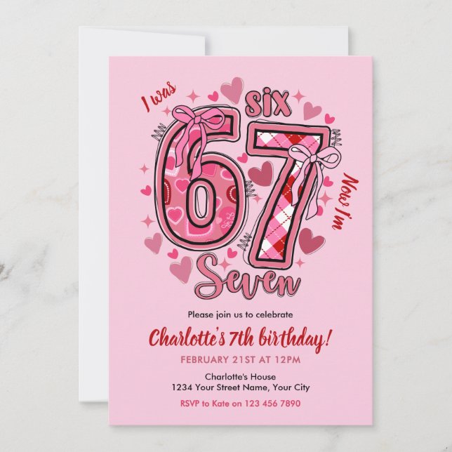 Invitación 6 7 Six Seven Meme Trend Pink Girls 7th Birthday (Anverso)