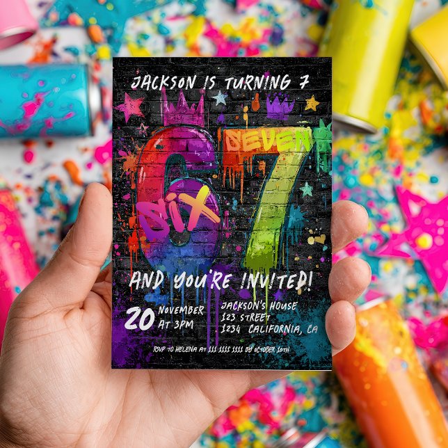 Invitación 6 7 Tendencia de meme Cumpleaños graffiti seis sie (6 7 Meme Trend Six Seven Birthday party graffiti Invitation)