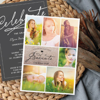 Invitación 6 Fiesta de Graduación con Collage de Fotos Bronce