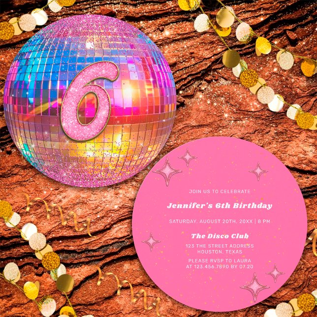 Invitación 6th Birthday Party Gold Pink Glitter Disco Ball (Subido por el creador)