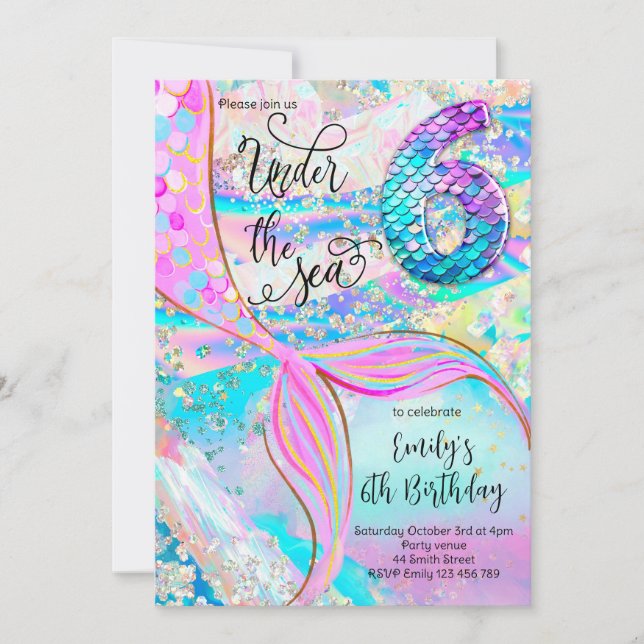 Invitación 6th Mermaid Birthday Under the Sea Invitation (Anverso)