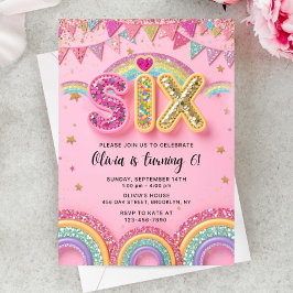 Invitación 6th Pink Birthday Invitation Girl, 6th Pink Rainbo