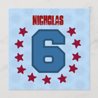 Invitación 6to cumpleaños de los niños estrellas azules rojas