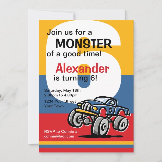 Invitación 6to cumpleaños del monster truck (Anverso)