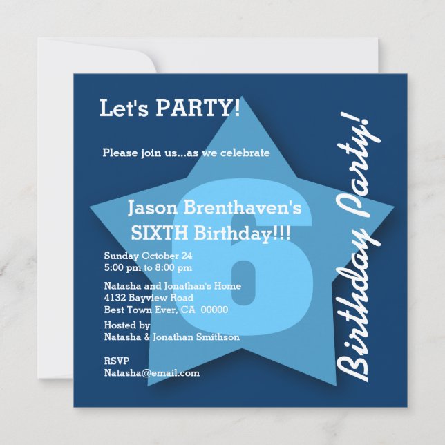 Invitación 6to Estrella azul grande de seis años K06 del bebé (Anverso)