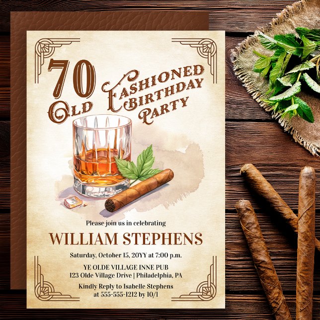 Invitación 70ª Fiesta de Cumpleaños con Whisky al Modo Antigu (Old Fashioned whiskey 70th birthday invitation with vintage masculine style)