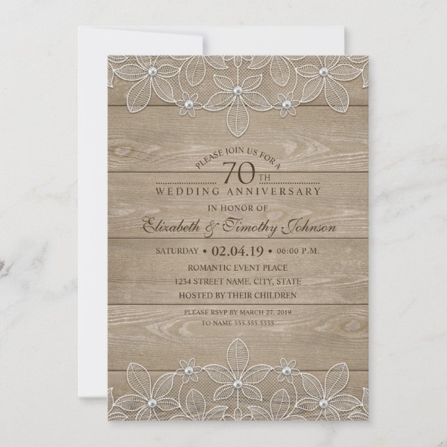 Invitación 70º Aniversario de Boda Rustico Madera Encaje Vint (Anverso)