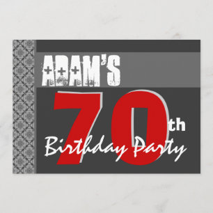Invitación 70º cumpleaños moderno para él gris rojo blanco W1