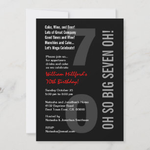 Invitación 70º cumpleaños moderno rojo negro SIETE OH! W816