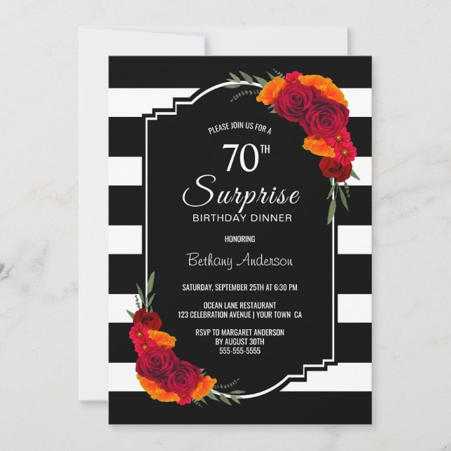 Invitación 70.ª Cena de cumpleaños sorpresa Black White Strip (Anverso)