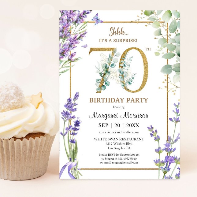 Invitación 70.ª Fiesta de Cumpleaños Acuarela Lavanda Púrpura (Subido por el creador)