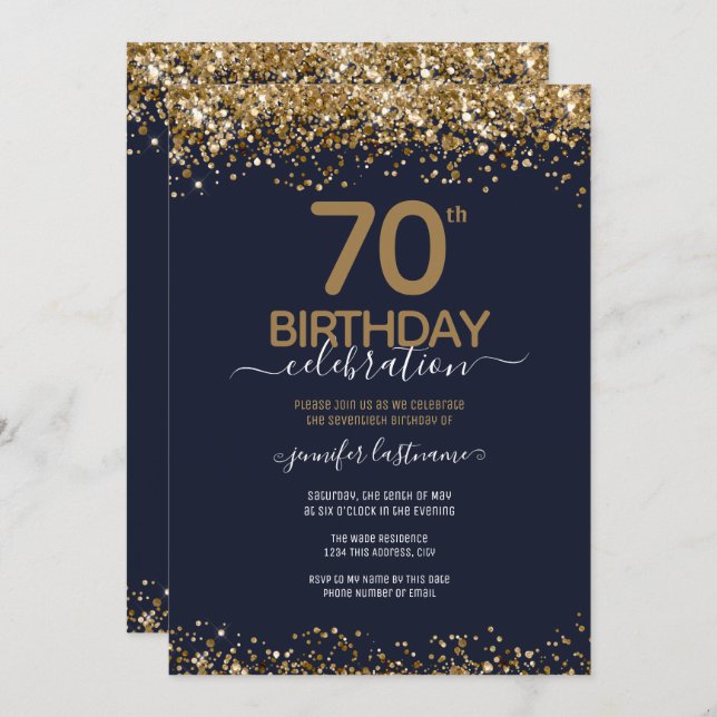 Invitación 70.ª Fiesta de Cumpleaños Azul y Oro (Anverso / Reverso)