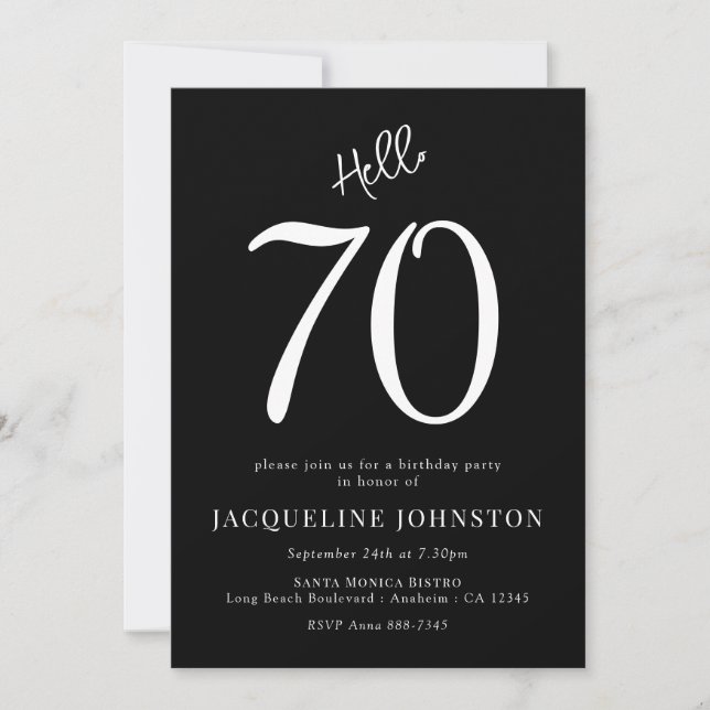 Invitación 70.ª Fiesta de Cumpleaños Blanco y Negro (Anverso)