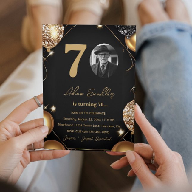 Invitación 70.ª fiesta de cumpleaños con globos y purpurina (Subido por el creador)