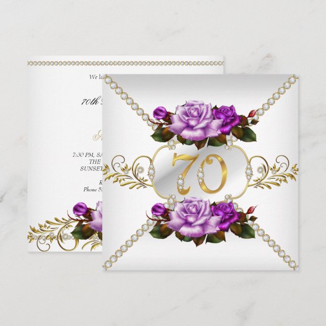 Invitación 70.ª fiesta de cumpleaños de mujeres morada Rosa o (Anverso / Reverso)
