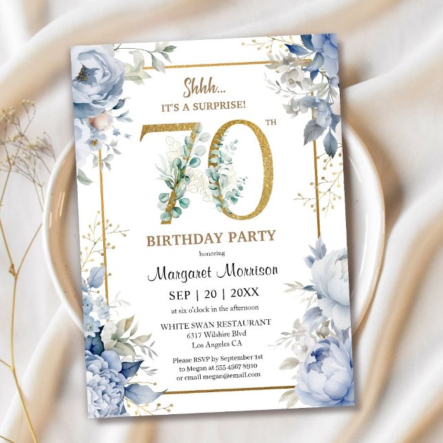 Invitación 70.ª Fiesta de Cumpleaños Elegante Floral Azul Dus (Subido por el creador)