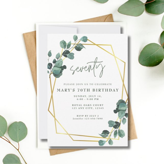 Invitación 70.ª Fiesta de Cumpleaños Eucalyptus Greenery Gold (Subido por el creador)