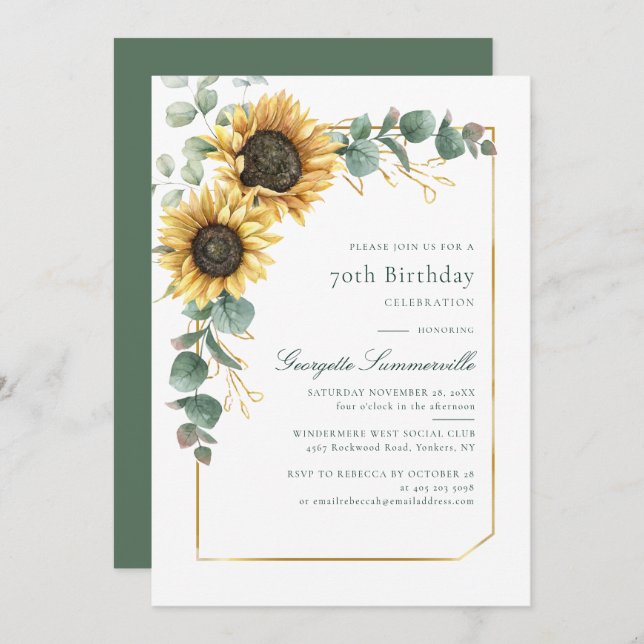 Invitación 70.ª Fiesta de Cumpleaños Girasol Eucalipto Botáni (Anverso / Reverso)