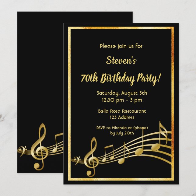 Invitación 70.ª fiesta de cumpleaños notas de música en negro (Anverso / Reverso)