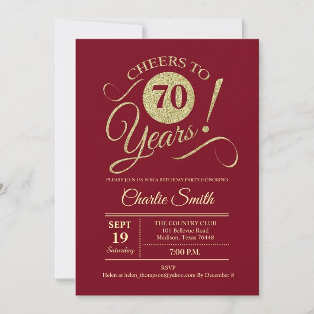 Invitación 70.ª fiesta de cumpleaños - Oro Rojo (Anverso)