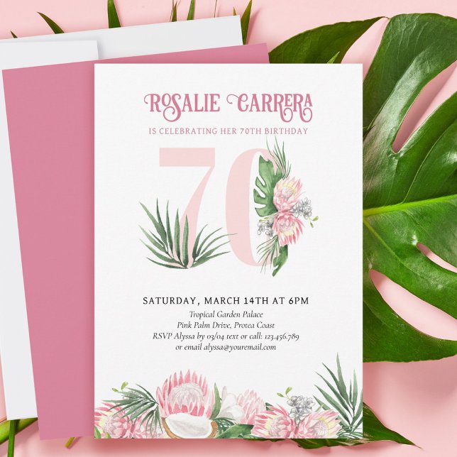 Invitación 70.ª fiesta de cumpleaños protea rosada tropical n (Subido por el creador)
