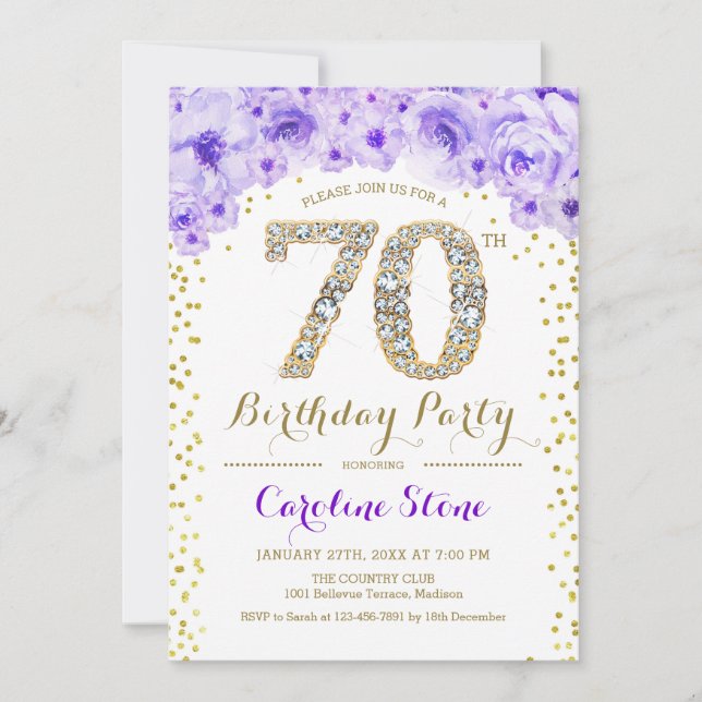 Invitación 70.ª fiesta de cumpleaños - Púrpura de oro blanco (Anverso)