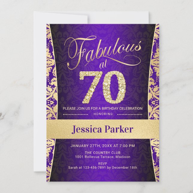 Invitación 70.ª fiesta de cumpleaños - Púrpura dorada (Anverso)