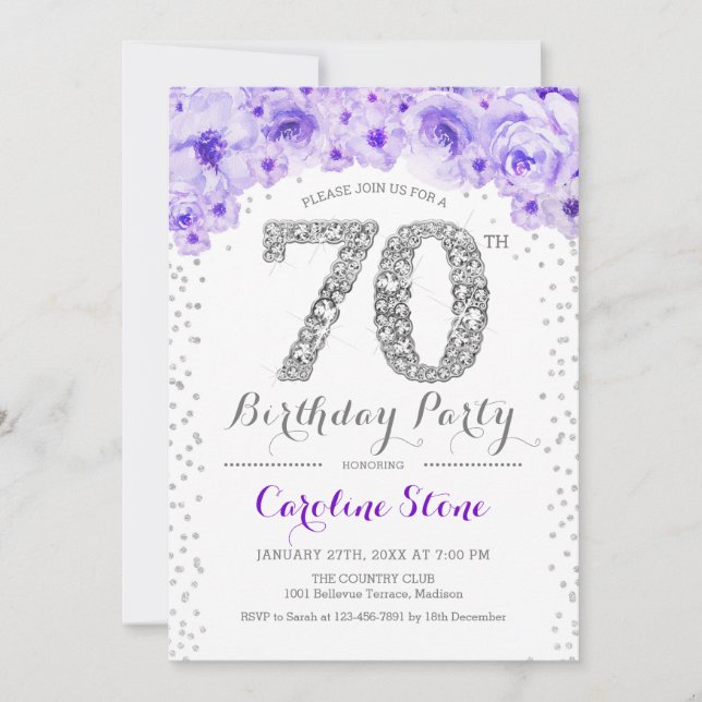 Invitación 70.ª Fiesta de Cumpleaños - Púrpura Plata Blanca (Anverso)