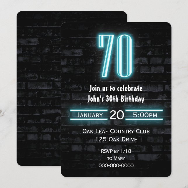 Invitación 70.ª fiesta de cumpleaños Rótulo neón en ladrillo (Anverso / Reverso)