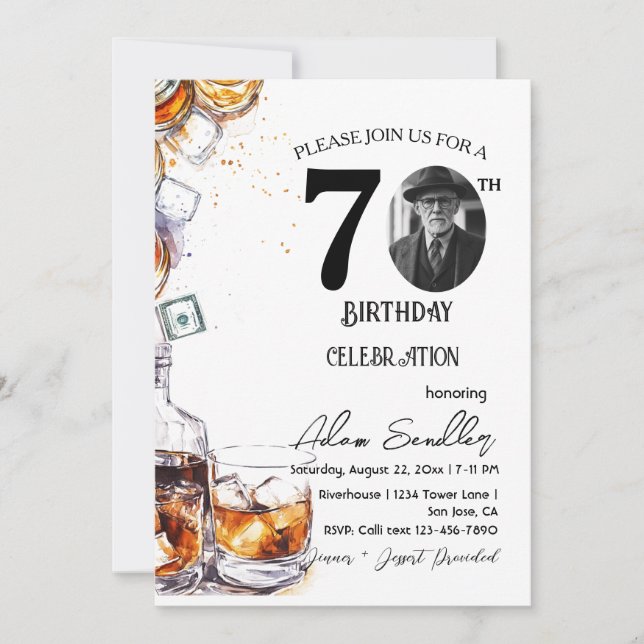 Invitación 70.ª fiesta de cumpleaños y whisky y bebidas (Anverso)