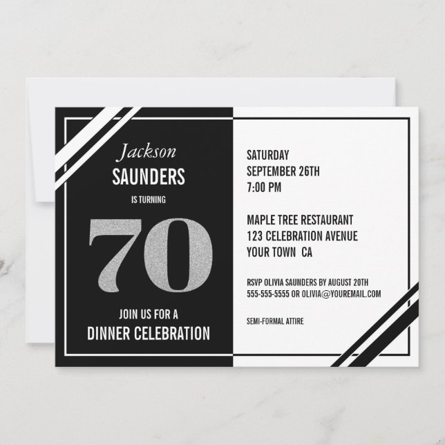 Invitación 70.ª Fiesta de la cena moderna en blanco y negro (Anverso)