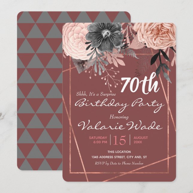 Invitación 70.ª Fiesta sorpresa de cumpleaños rosas rosadas (Anverso / Reverso)