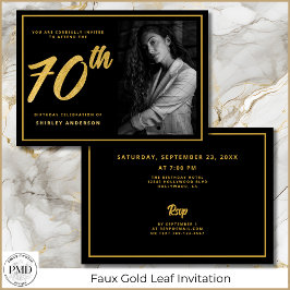 Invitación 70.ª foto de cumpleaños Black Faux Gold Elegant