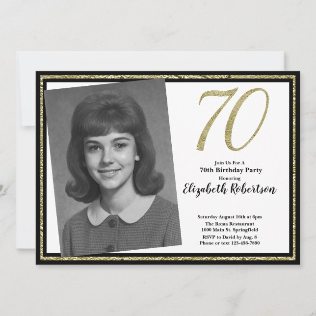 Invitación 70.ª foto Personalizado Black and Gold (Anverso)