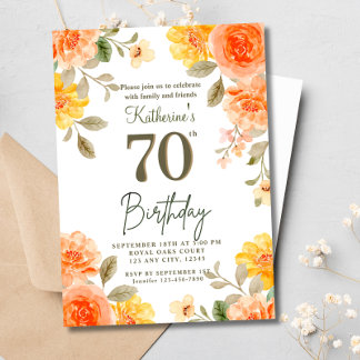 Invitación 70.ª Naranja floral Yellow Boho Watercolor Birthda