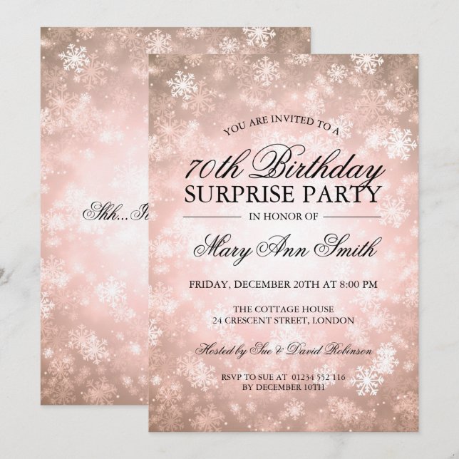 Invitación 70.ª sorpresa Cumpleaños Copper Winter Wonderland (Anverso / Reverso)
