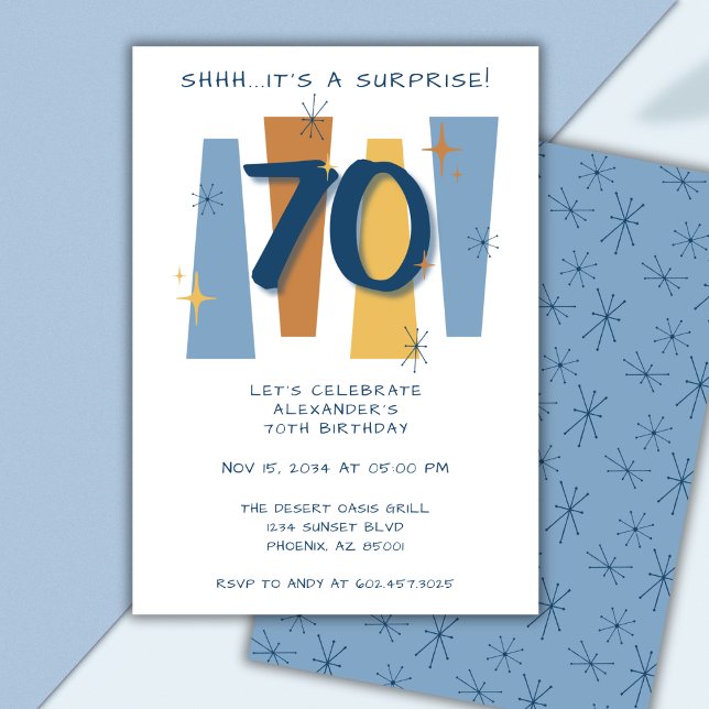Invitación 70.ª Sorpresa Cumpleaños Retro Masculino Azul (Subido por el creador)