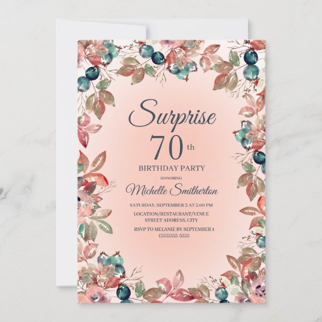 Invitación 70.ª Sorpresa Nacimiento Mujeres Floral Verde azul (Anverso)