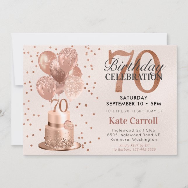 Invitación 70.ª tarta de oro Rosa de cumpleaños (Anverso)