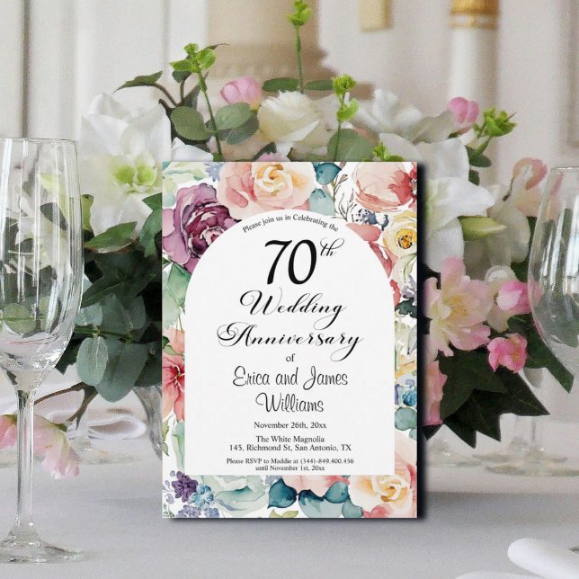 Invitación 70.º Aniversario Boda Elegante Script Floral (Subido por el creador)