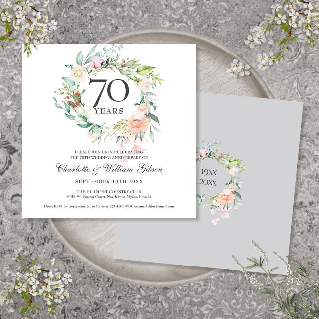 Invitación 70.º aniversario Boda Floral acuarela (70th Wedding Anniversary Watercolor Floral Invitation)