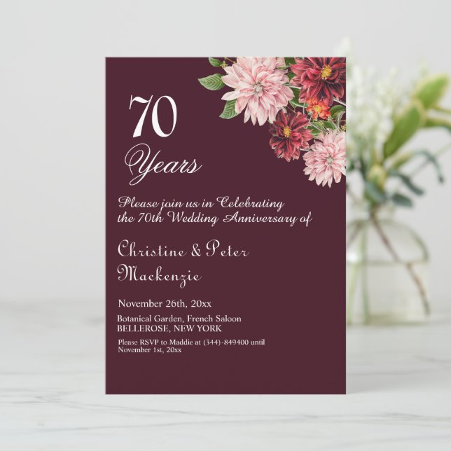 Invitación 70.º Aniversario del Boda Platino Borgoña Floral (Anverso de pie)