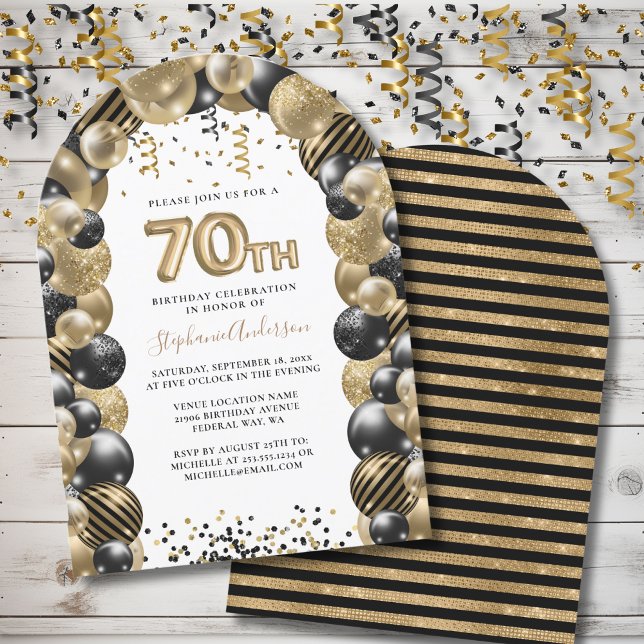 Invitación 70.º Balón de cumpleaños Dorado Black Sparkle (70th Birthday Balloon Gold Black Sparkle Invitation)