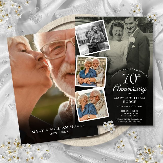 Invitación 70.º Boda Aniversario 5 Collage de fotos (70th Wedding Anniversary 5 Photo Collage Invitation)