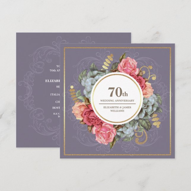 Invitación 70.º Boda Fiesta Vintage Floral (Anverso / Reverso)
