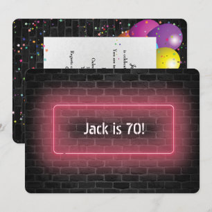 Invitación 70.º cartel de neón de la fiesta de cumpleaños en 