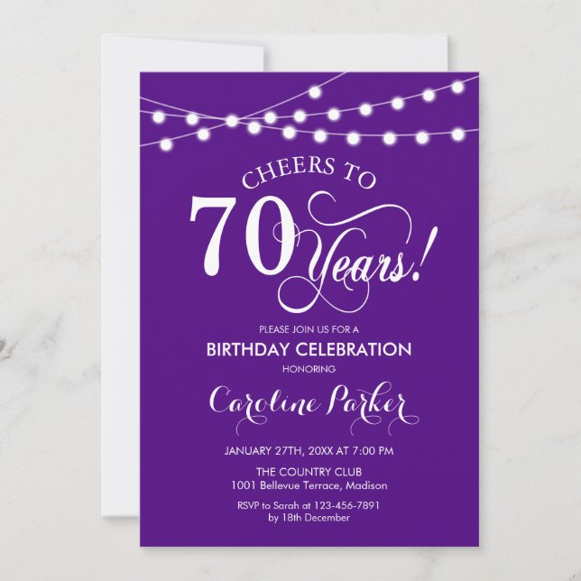 Invitación 70.º cumpleaños - Blanco morado (Anverso)