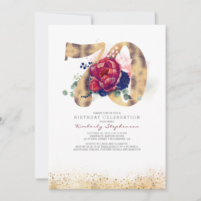 Invitación 70.º cumpleaños Borgoña Rojo y Azul marino (Anverso)