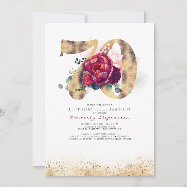 Invitación 70.º cumpleaños Borgoña Rojo y Purpurina de oro (Anverso)